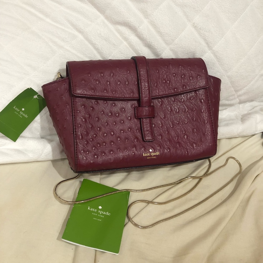 New Kate Spade burgundy ostrich embossed pattern genuine calf leather crossbody